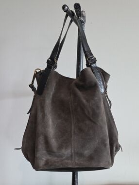 Suede Shoulder Tote Bag in Dark Charcoal/Brown